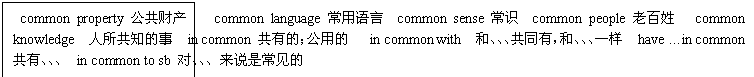 ı:  common property Ʋ    common language   common sense ʶ  common people ϰ   common knowledge  ֪  in common еģõ   in common with  ͬ͡У͡һ  have in common С in common to sb ԡ˵ǳ