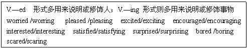 ı: V.ed  ʽ˵ˣV.ing ʽ˵
worried /worring   pleased /pleasing  excited/exciting  encouraged/encouraging          
interested/interesting  satisfied/satisfying  surprised/surprising  bored /boring
scared/scaring
